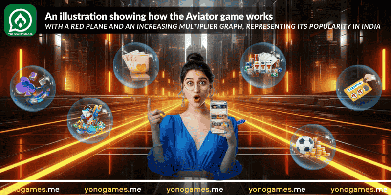 An illustration showing how the Aviator game works, with a red plane and an increasing multiplier graph, representing its popularity in India